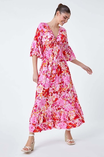 Roman Pink Floral Ruffle Detail Shirred Midi Dress