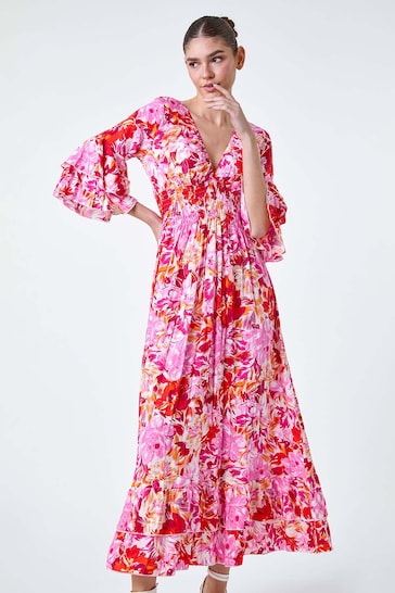Roman Pink Floral Ruffle Detail Shirred Midi Dress