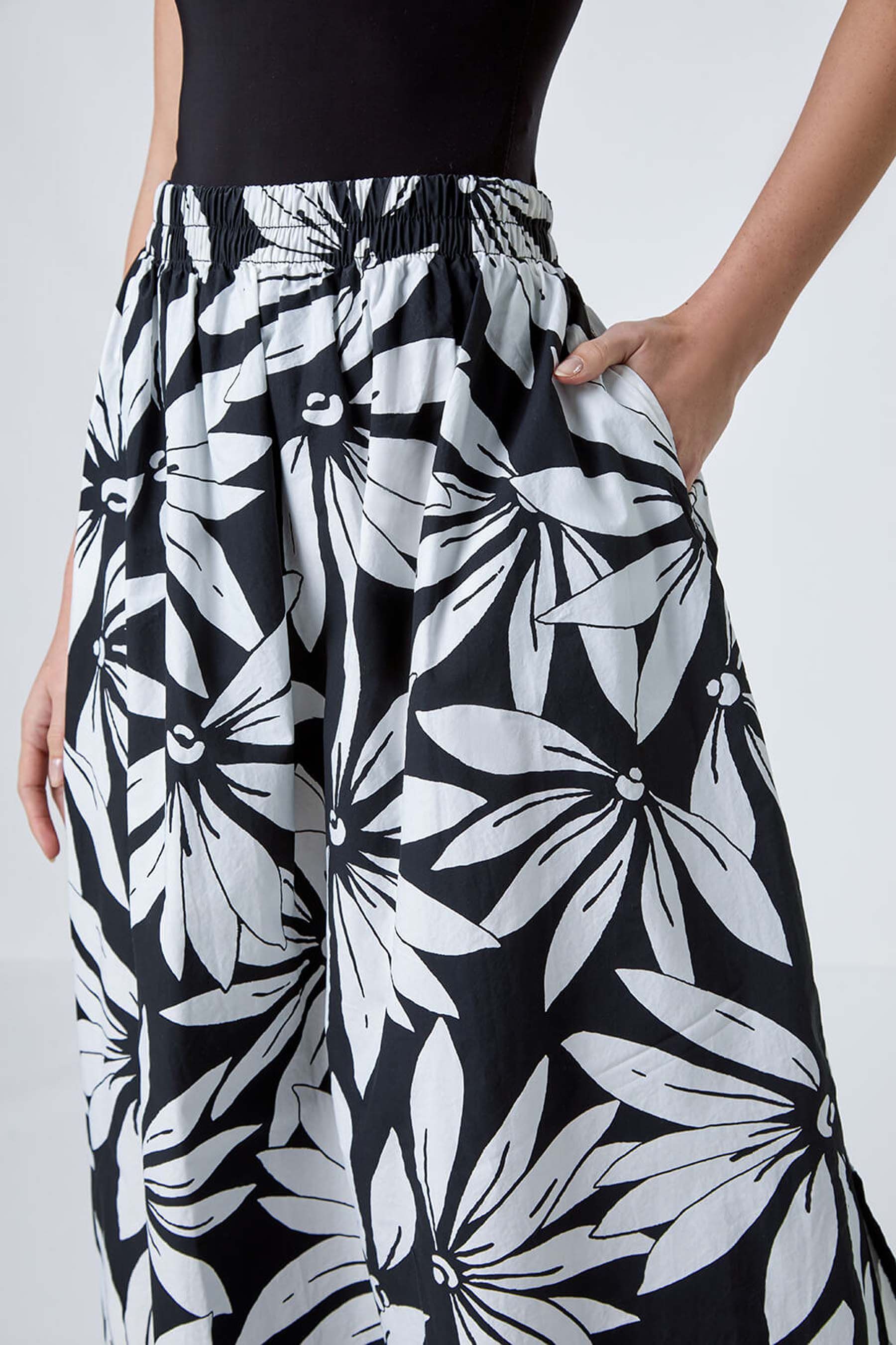 Roman Black Floral Print 100 Cotton Poplin Pocket Skirt