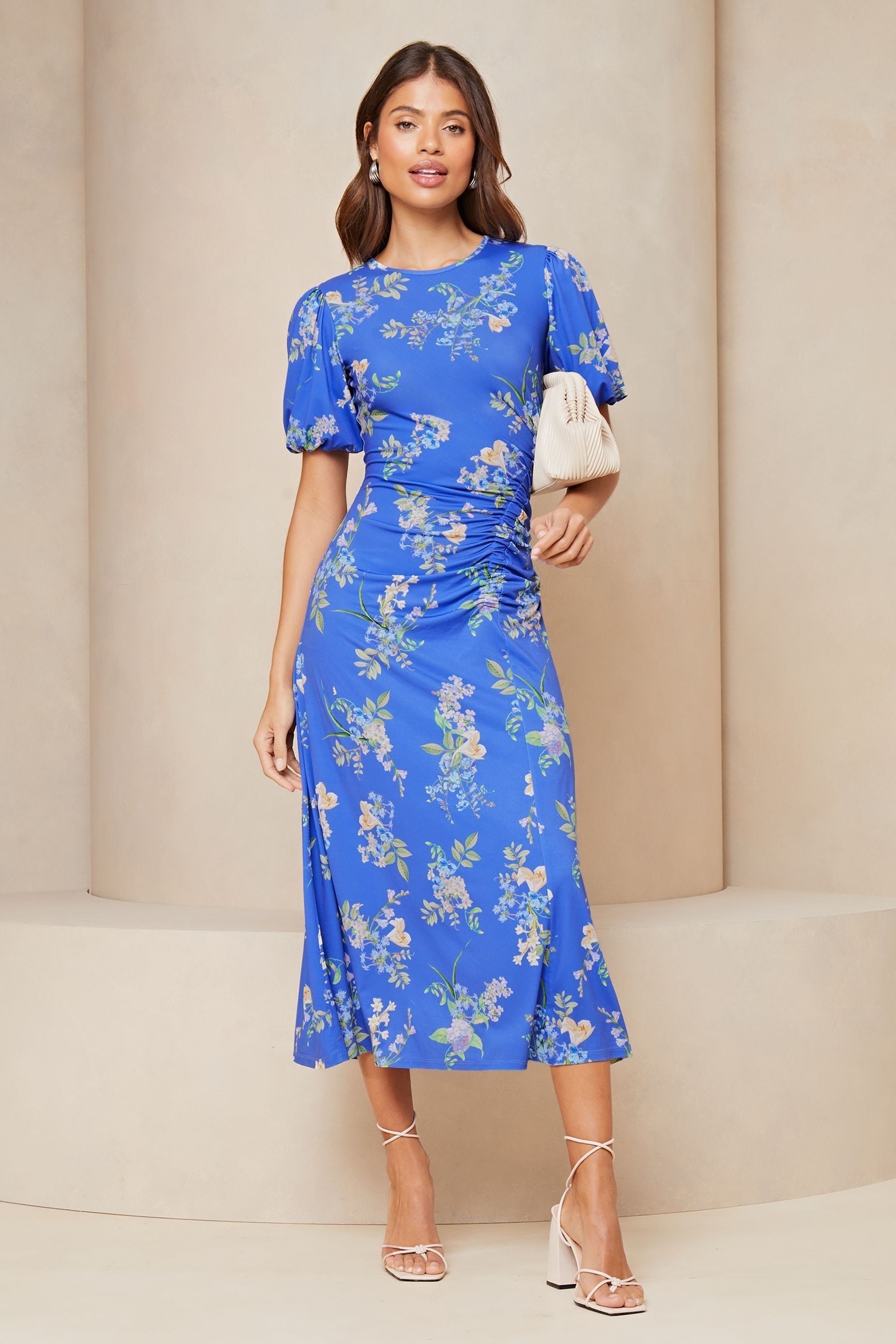 Lipsy Navy Blue Petite Puff Sleeve Ruched Midaxi Printed Dress
