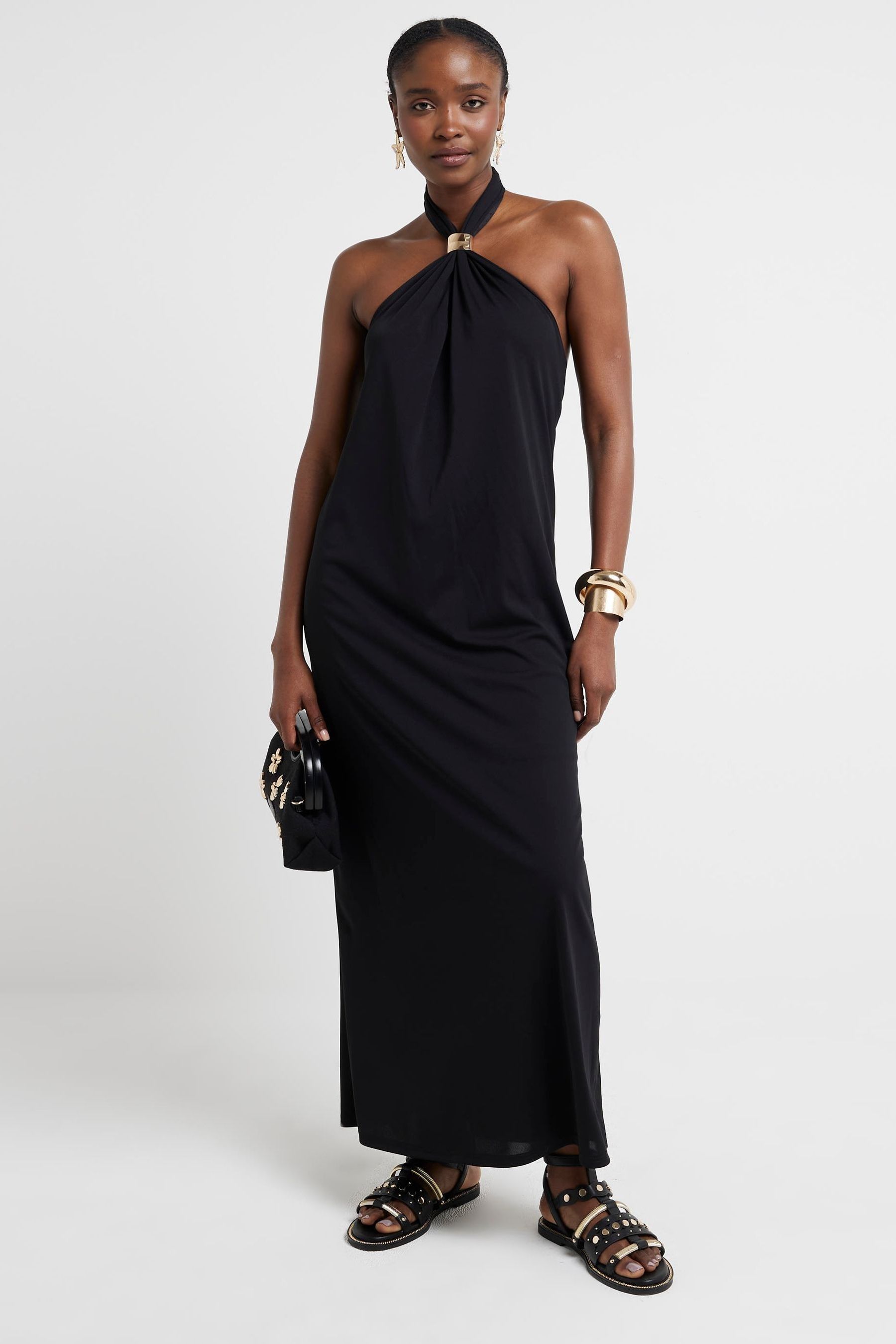 Halter neck black maxi dress hot sale