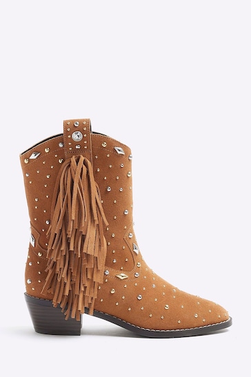 River Island Brown Western Studded Tassle Boots