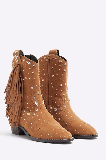 River Island Brown Western Studded Tassle Boots