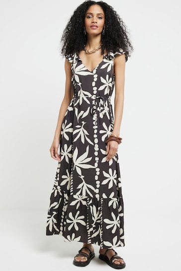 River Island Brown Floral Frill Sleeve Maxi Dress