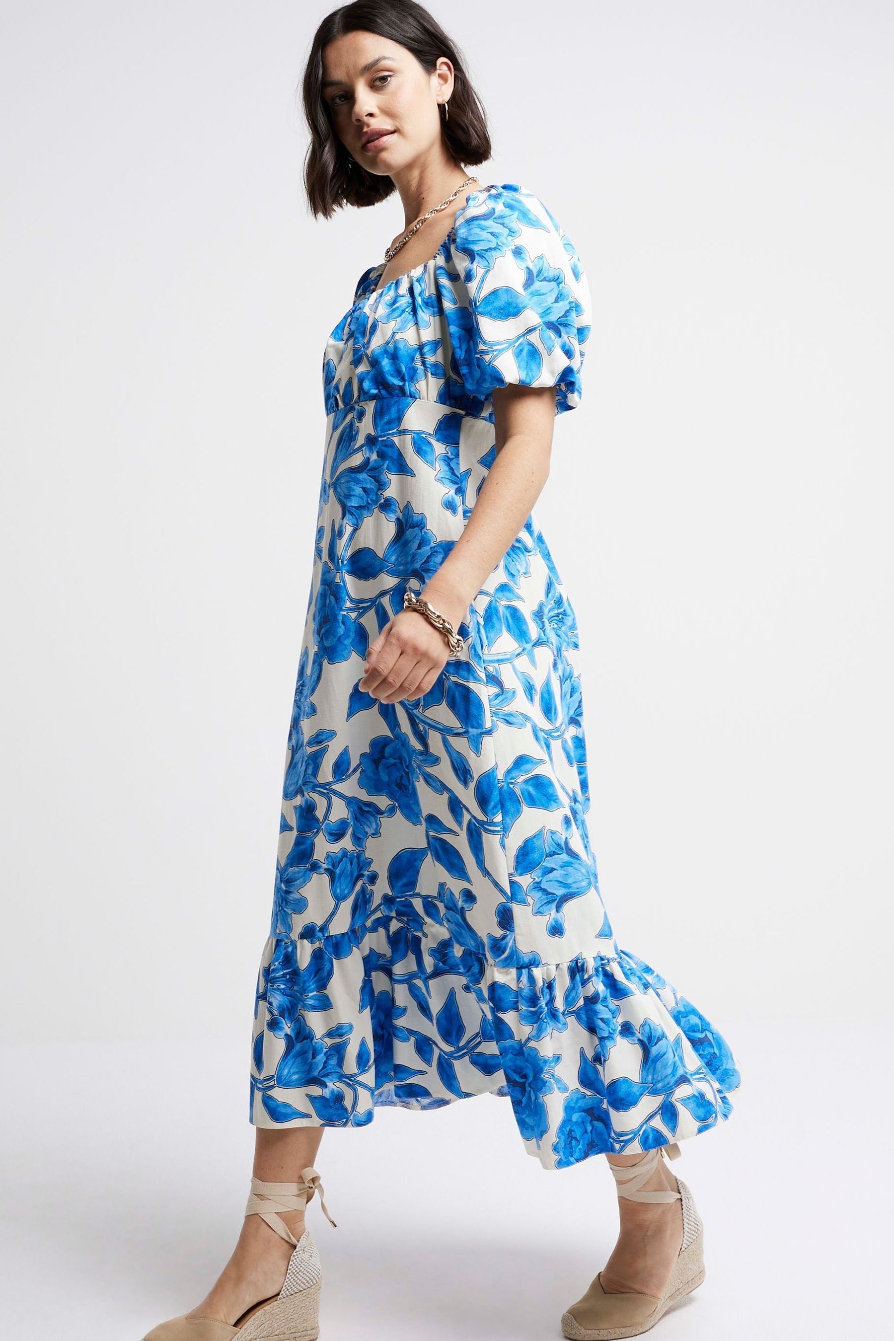 River Island Blue Floral Swing Midi Dress With Linen
