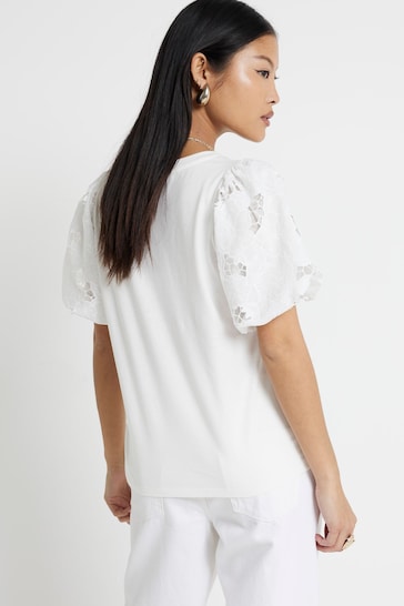 River Island White Floral Hybrid Puff Sleeve Top