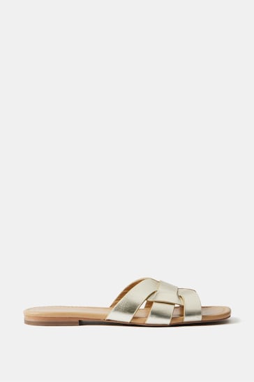Mint Velvet Gold Leather Woven Flat Sandals