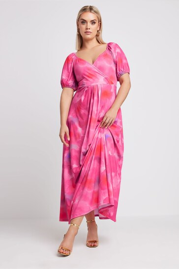 Yours Curve Pink Limited Collection Blur Floral Print Wrap Maxi Dress