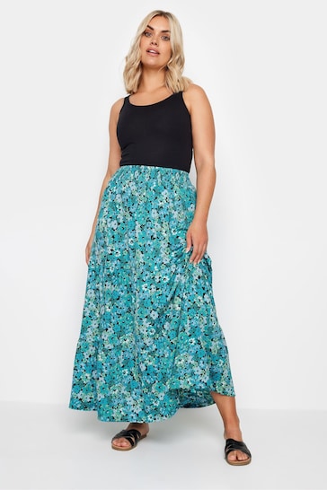 Yours Curve Blue Floral Print Textured Tiered Maxi Skirt