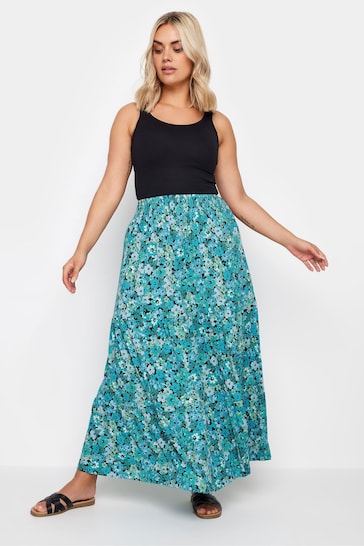 Yours Curve Blue Floral Print Textured Tiered Maxi Skirt