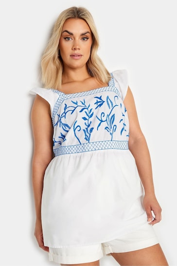 Yours Curve White & Blue Embroidered Peplum Top