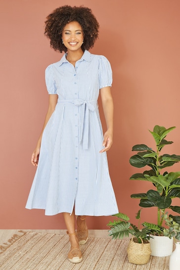Yumi Blue Cotton Striped Midi Shirt Dress
