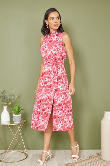 Yumi Pink Blossom Print Halter Neck Midi Dress With Split Hem
