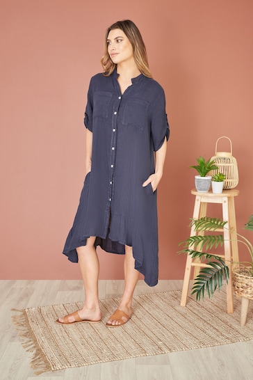 Yumi Blue Italian Linen Shirt Dress With Frill Hem