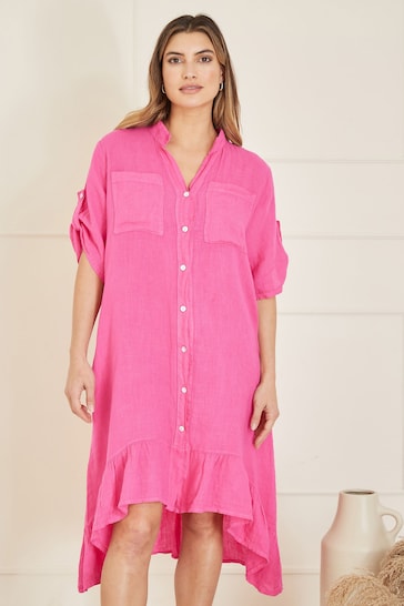 Yumi Pink Italian Linen Shirt Dress With Frill Hem