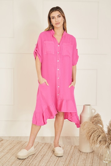 Yumi Pink Italian Linen Shirt Dress With Frill Hem