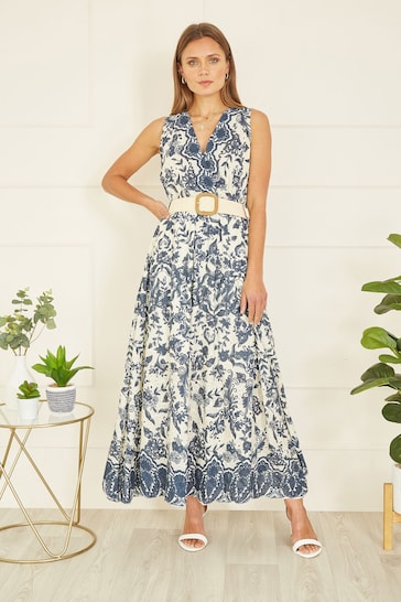 Yumi Blue Floral Border Print Broderie Anglaise Cotton Midi Dress