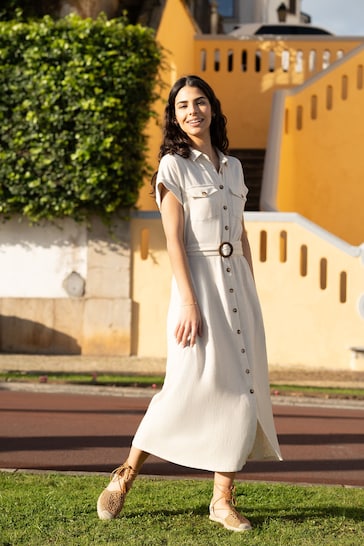 Yumi Natural Viscose Linen Look Midi Shirt Dress With Wooden Belt