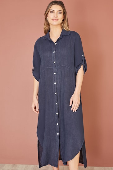 Yumi Blue Italian Linen Relaxed Midi Shirt Dress With Turn up Sleeves