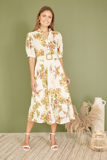 Yumi White Floral Print Broderie Anglaise Cotton Midi Shirt Dress With Matching Belt