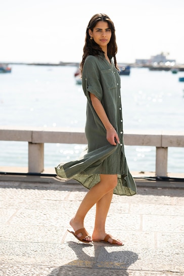 Yumi Green Italian Linen Shirt Dress With Frill Hem