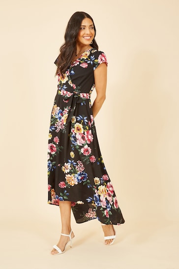 Mela Black Floral Wrap Over Dipped Hem Midi Dress