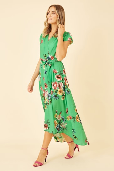 Mela Green Floral Wrap Over Dipped Hem Midi Dress