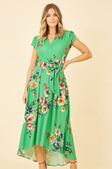 Mela Green Floral Wrap Over Dipped Hem Midi Dress