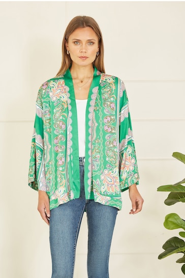 Mela Green Paisley Print Satin Kimono Jacket