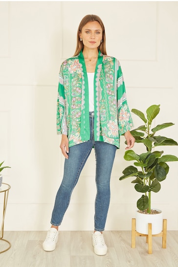 Mela Green Paisley Print Satin Kimono Jacket