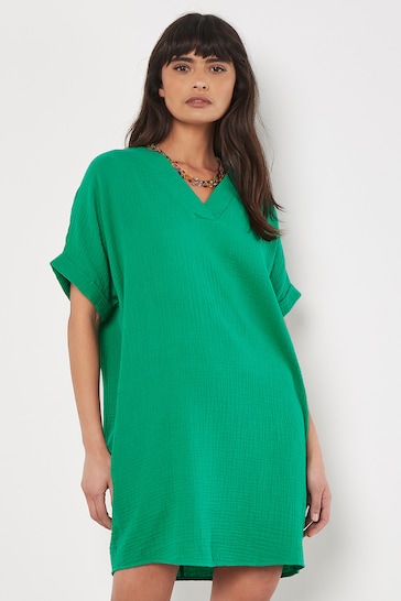 Apricot Green Tetra Cotton V-Neck Oversized Dress