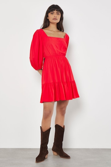 Apricot Red Square Neck Puff Sleeve Chevron Dress