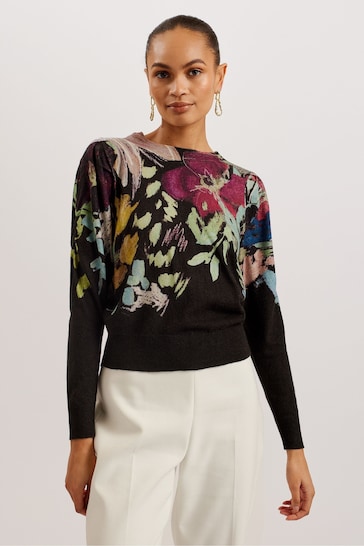 Ted Baker Black Printed Magarit Pleated Long Sleeve Sweater