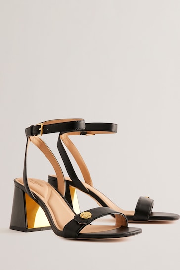 Ted Baker Black Milliiy Mid Block Heel Sandals With Signature Coin