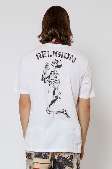 Religion White Praying Skeleton Stencil T-Shirt