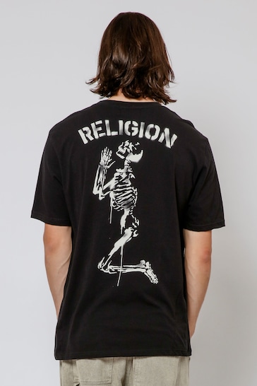 Religion Black Praying Skeleton Stencil T-Shirt