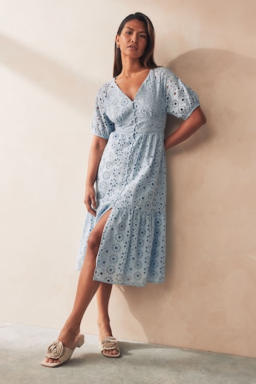 ONLY Blue Midi Broderie Dress with Puff Sleeve