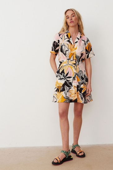 Oliver Bonas Pink And Orange Tropical Print Mini Black Shirt Dress