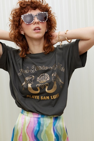 Oliver Bonas Grey Gold Mermaid Graphic T-Shirt