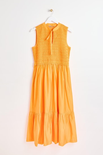 Oliver Bonas Orange Shirred Bodice Midi Dress