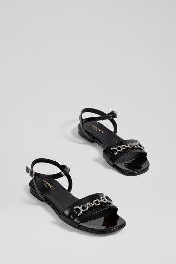 LK Bennett Kelly Patent Snaffle Detail Flat Black Sandals