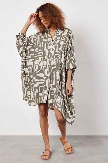 Apricot Green Abstract Grecian Geo Shirt Dress