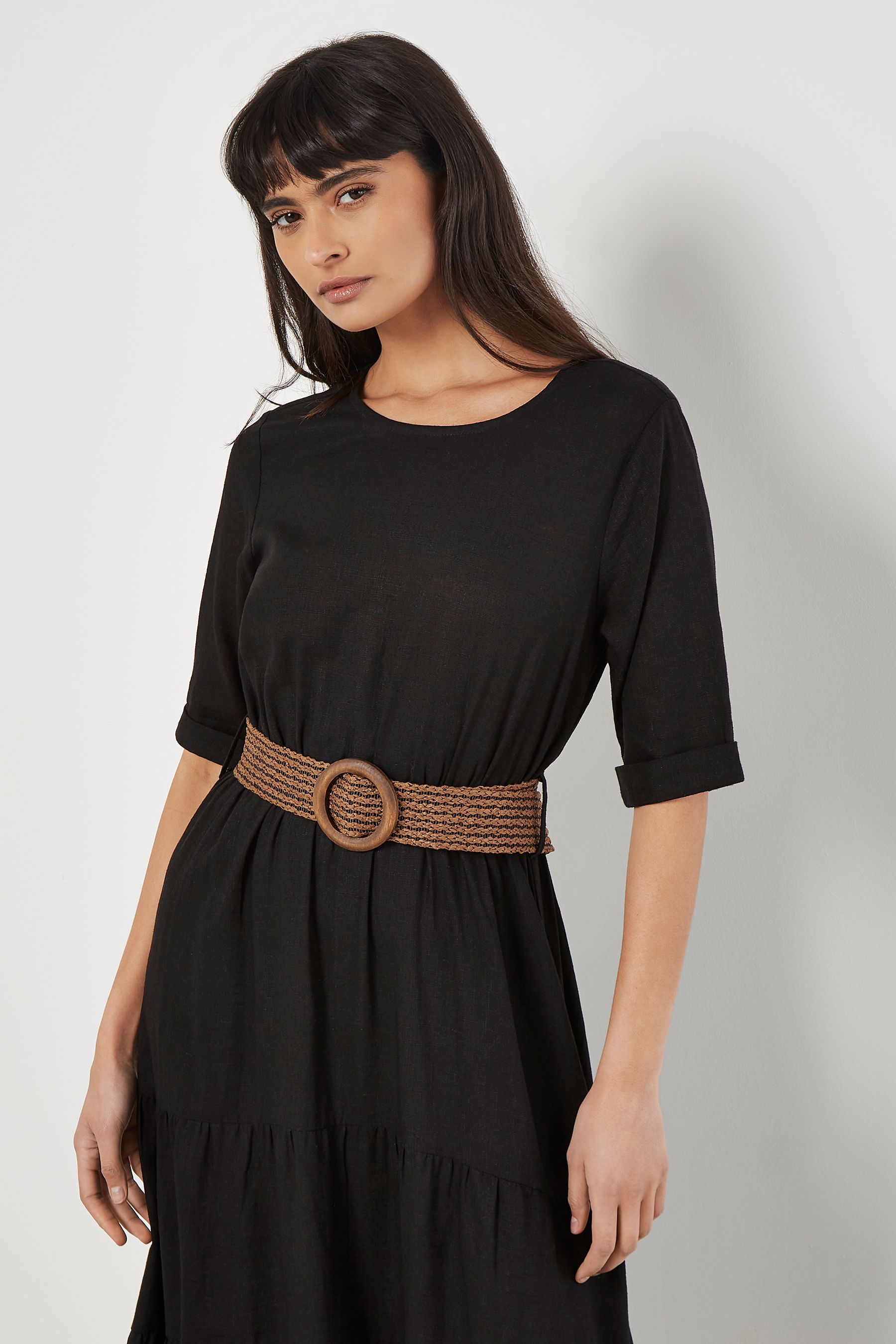 Apricot Black Tiered Plait Belt Dress With Linen