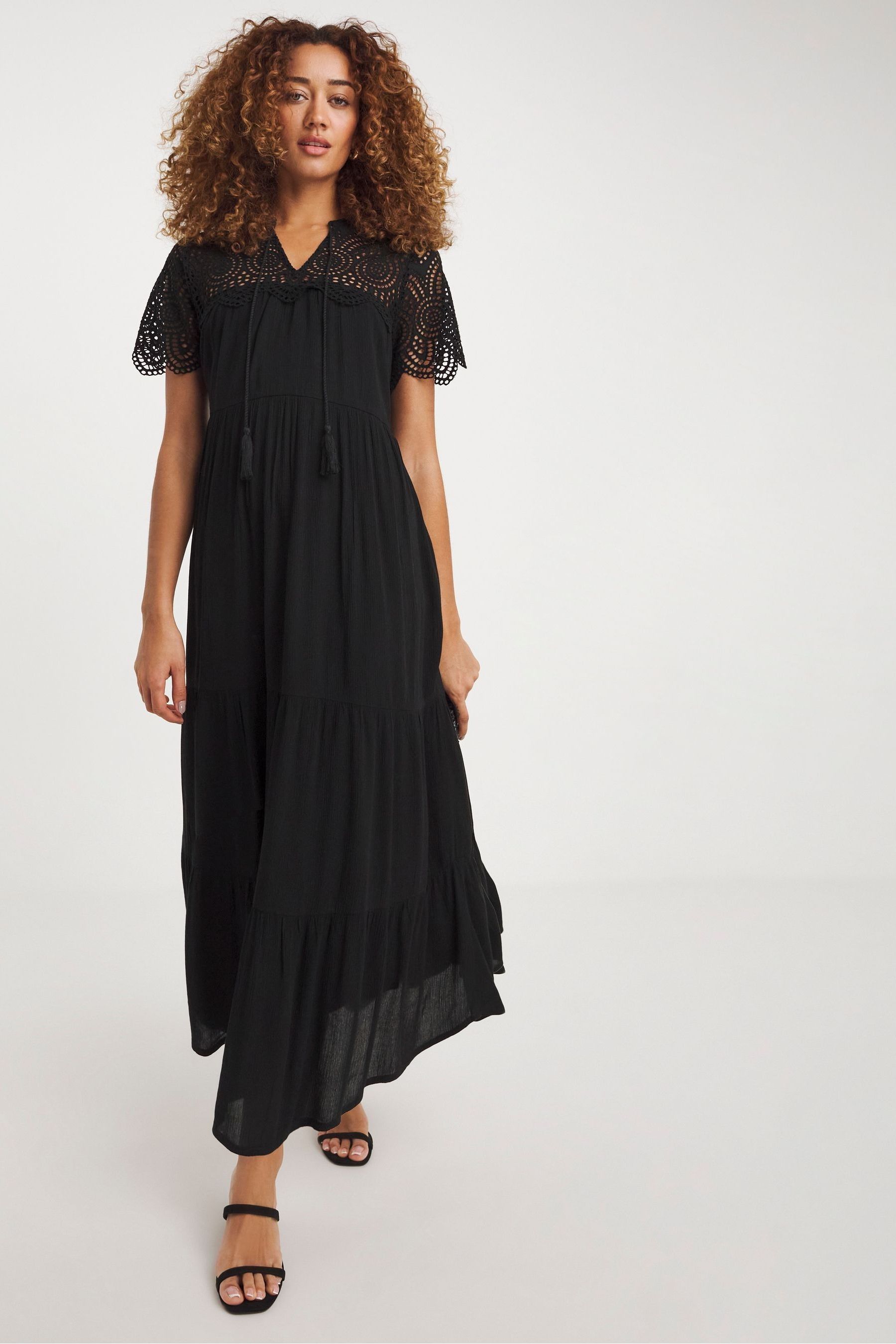 JD Williams Black Crinkle Crochet Trim Smock Dress