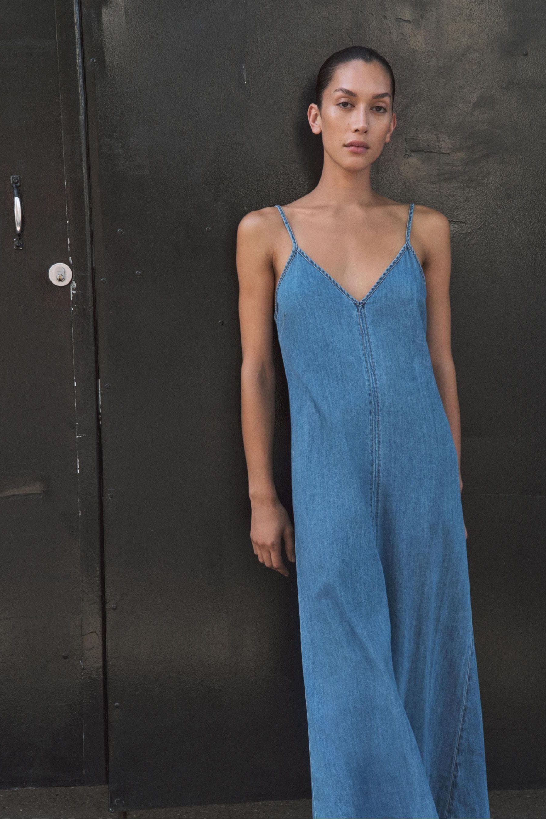 Hush Blue 100 Cotton Saskia Denim Slip Maxi Dress