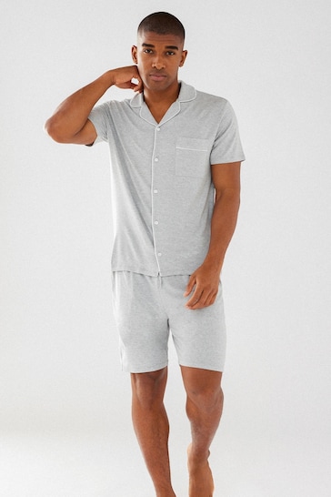 Chelsea Peers Grey Mens Modal Button Up Short Pyjamas Set