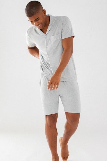 Chelsea Peers Grey Mens Modal Button Up Short Pyjamas Set