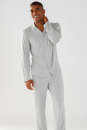 Chelsea Peers Grey Mens Modal Button Up Long Pyjamas Set
