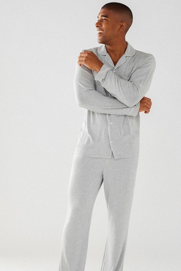 Chelsea Peers Grey Mens Modal Button Up Long Pyjamas Set