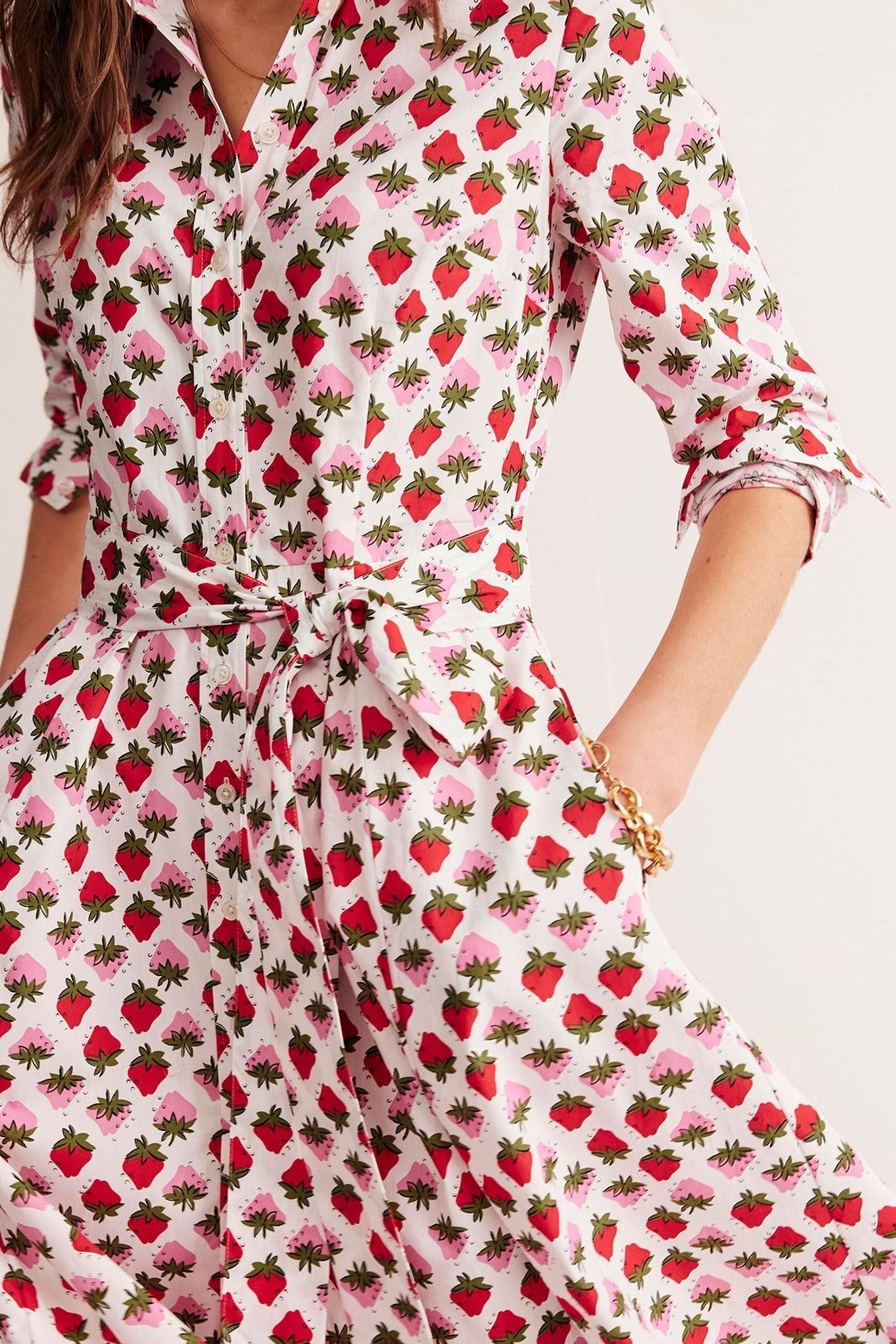 Boden Cream Amy Strawberry 100 Cotton Midi Shirt Dress